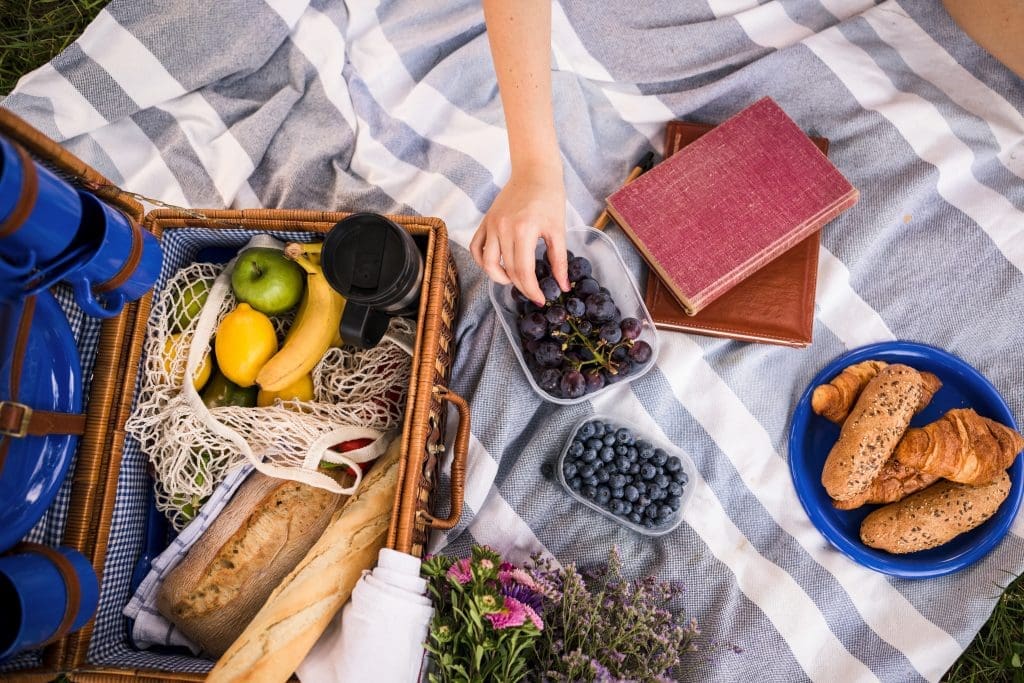 picnic blanket with fruits and bread to share