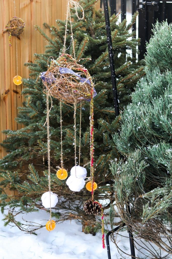 decorative handmade craft hanging in a tree - outdoor winter exploration ideas
