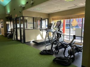 treadmill, stair climber, and other fitness equipment in front of a big window with nature light